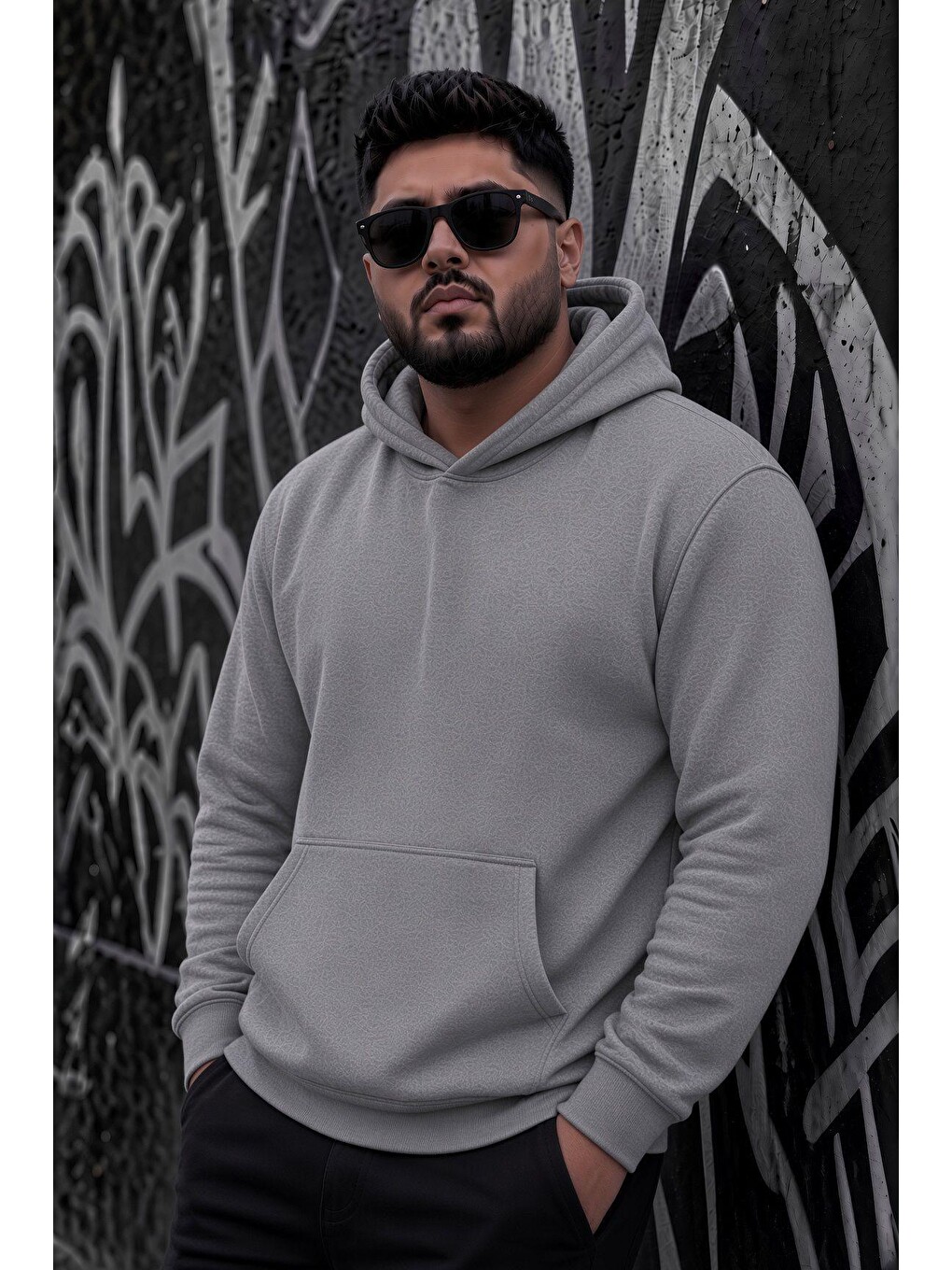 Gri Bery Büyük Beden Erkek Kapüşonlu Basic Sweatshirt İki İplik Şardonlu Kanguru Cepli-2