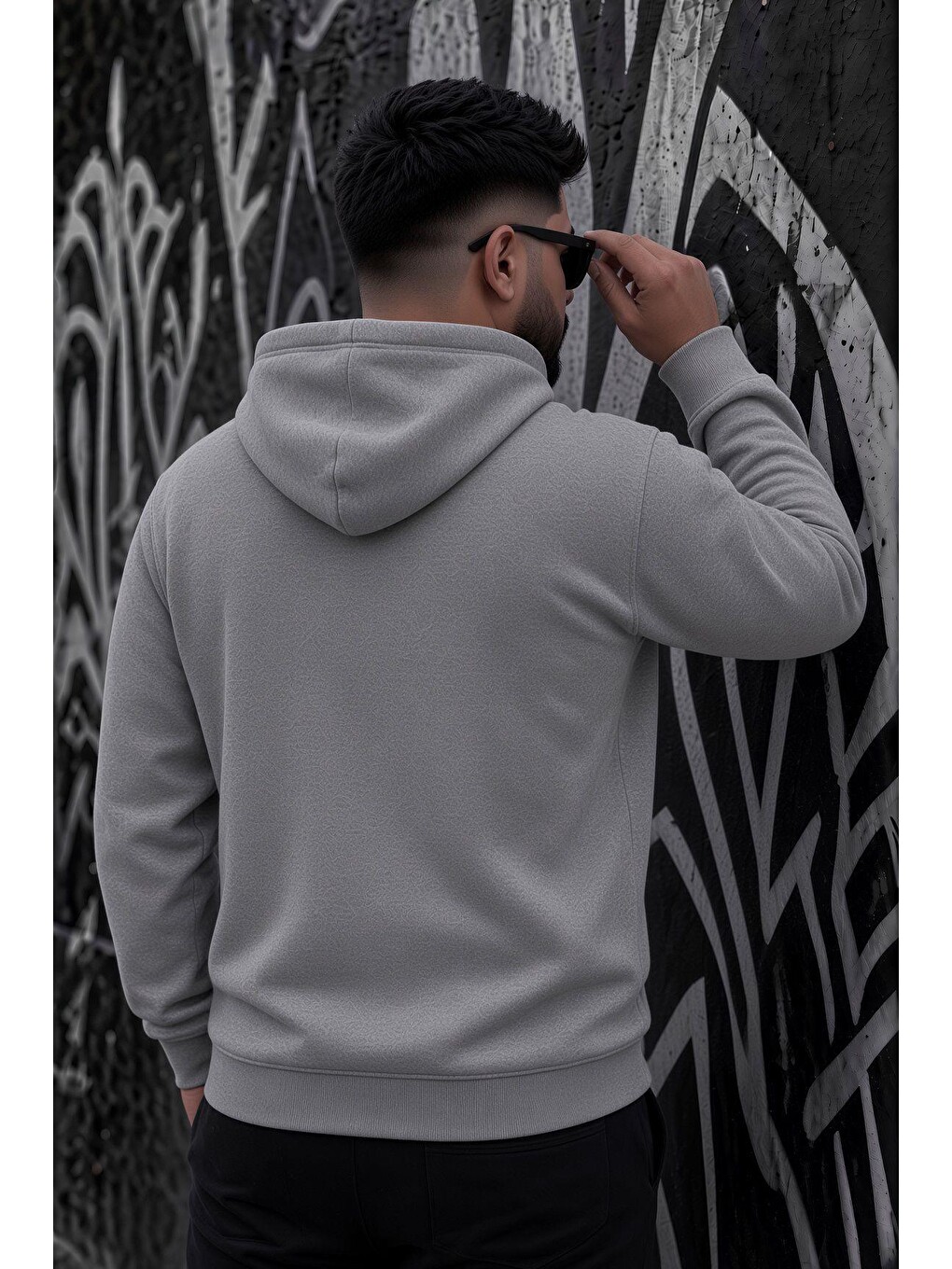 Gri Bery Büyük Beden Erkek Kapüşonlu Basic Sweatshirt İki İplik Şardonlu Kanguru Cepli-3