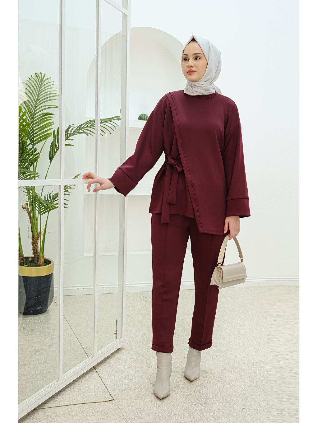 Locco Moda Yan Bağlamalı Scuba Takım Bordo