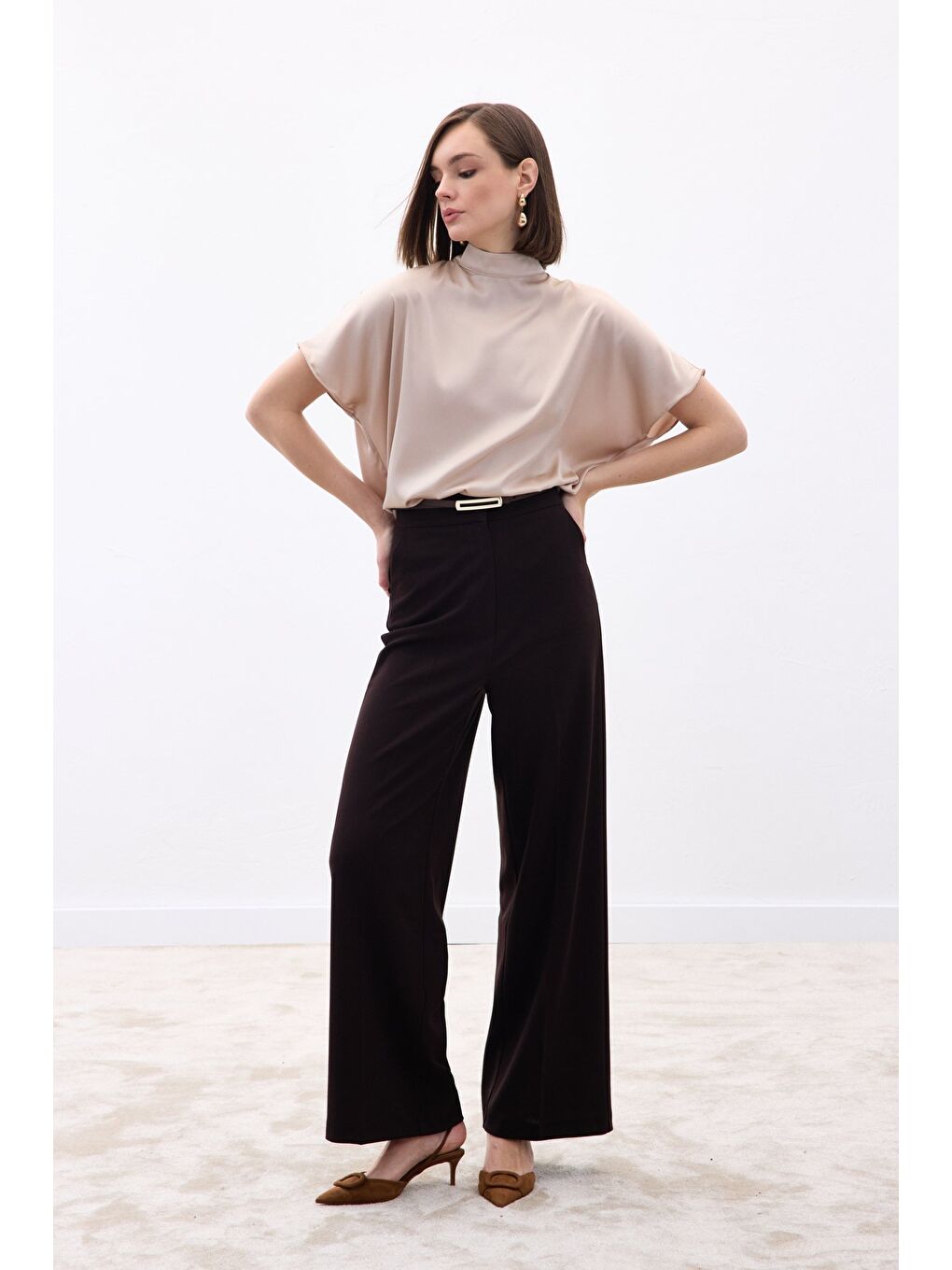 Kahverengi Palazzo Krep Pantolon - Kahve-2