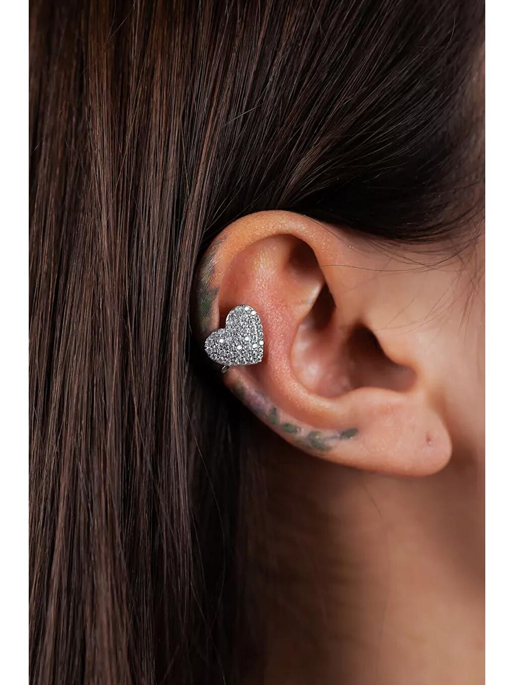 New Obsessions Gri Nicollet Taşlı Kalp Geçmeli Kıkırdak Küpe Ear Cuff - 2