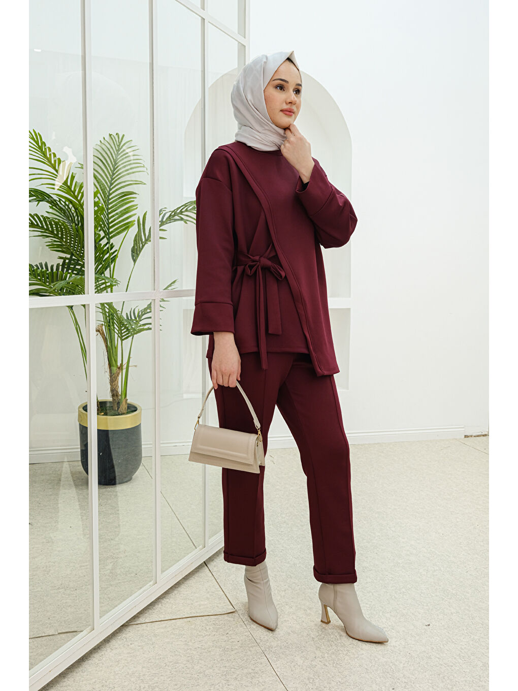 Locco Moda Yan Bağlamalı Scuba Takım Bordo - 1