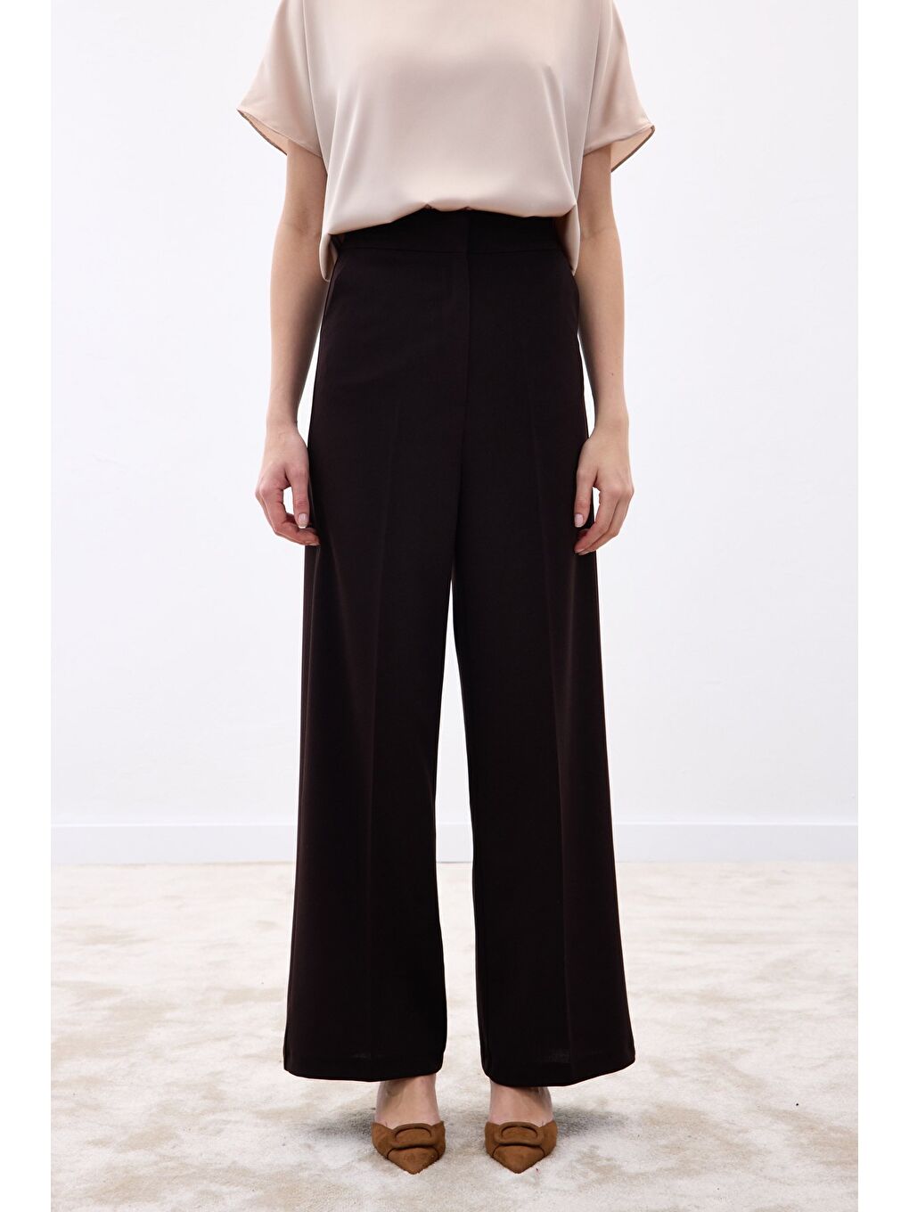 Kahverengi Palazzo Krep Pantolon - Kahve-3