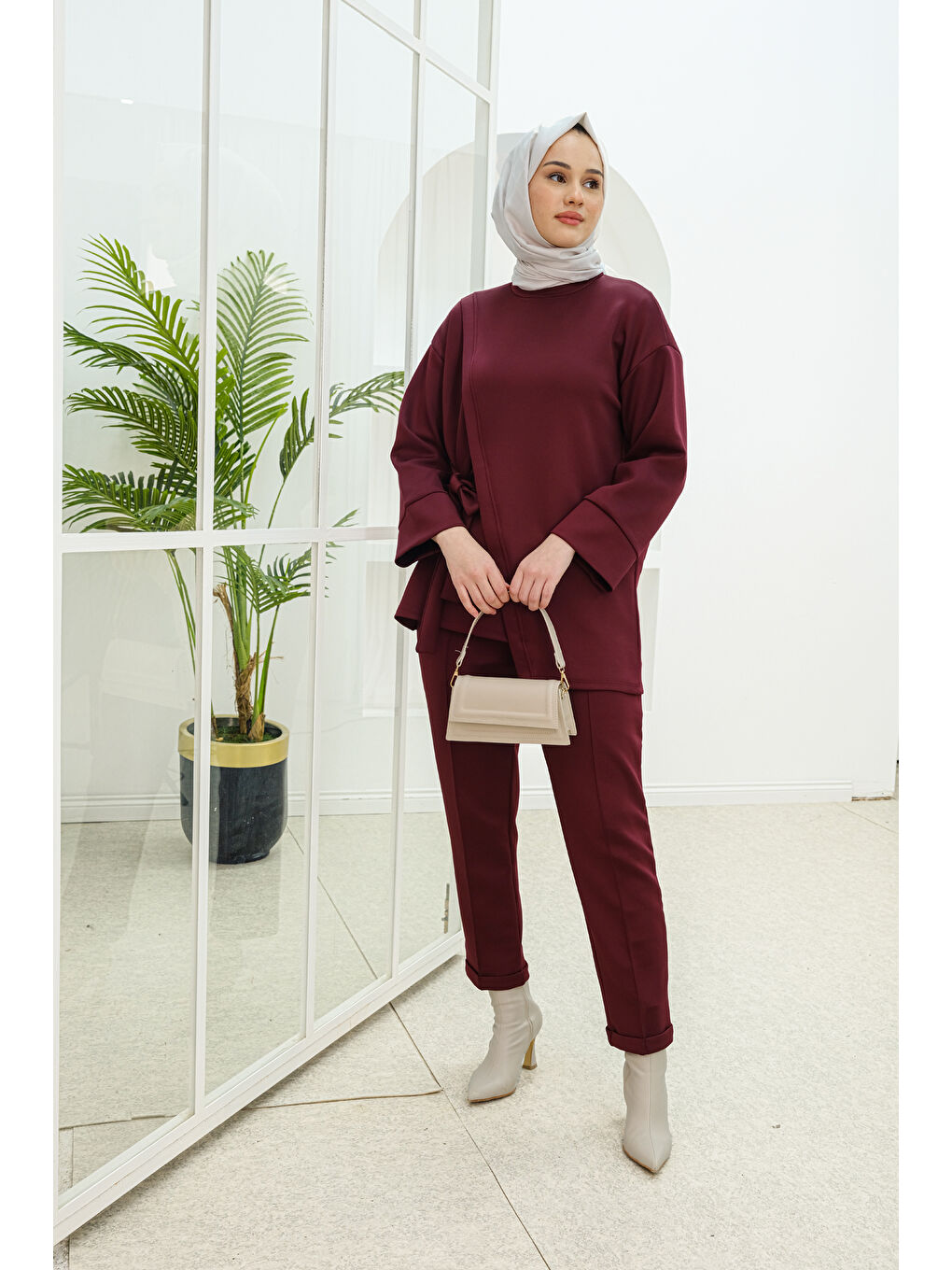 Locco Moda Yan Bağlamalı Scuba Takım Bordo - 2