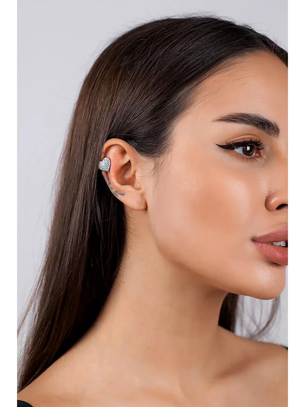 New Obsessions Gri Nicollet Taşlı Kalp Geçmeli Kıkırdak Küpe Ear Cuff - 3