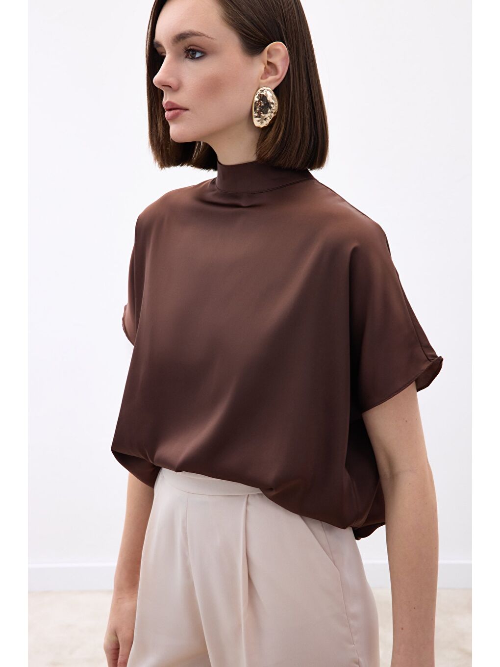 Kahverengi Yarasa Kol Salaş Bluz - Kahve-2