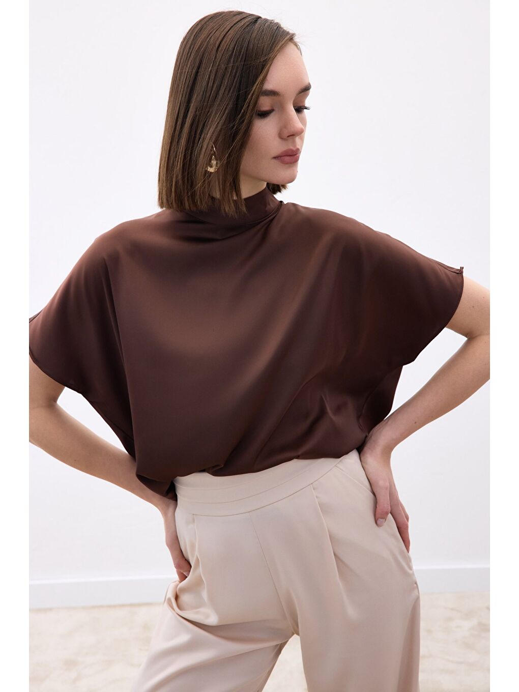 Kahverengi Yarasa Kol Salaş Bluz - Kahve-3
