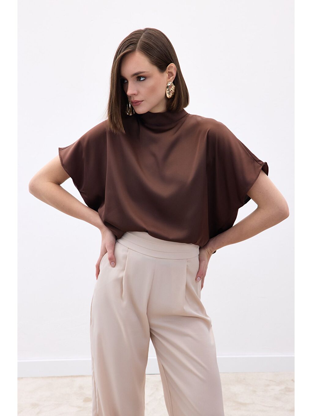 Kahverengi Yarasa Kol Salaş Bluz - Kahve-4