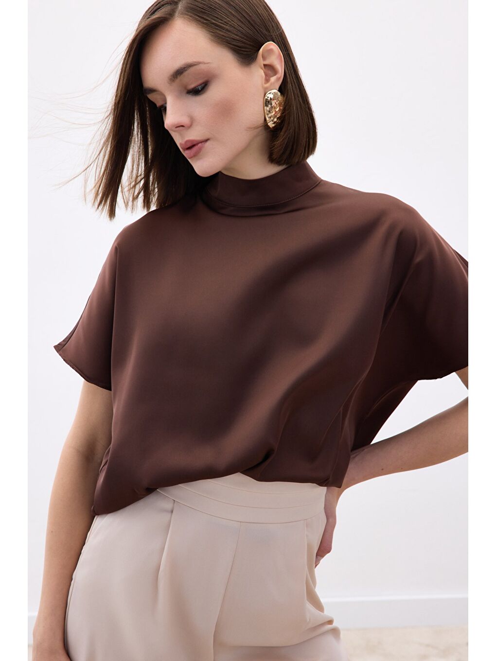 Kahverengi Yarasa Kol Salaş Bluz - Kahve-5
