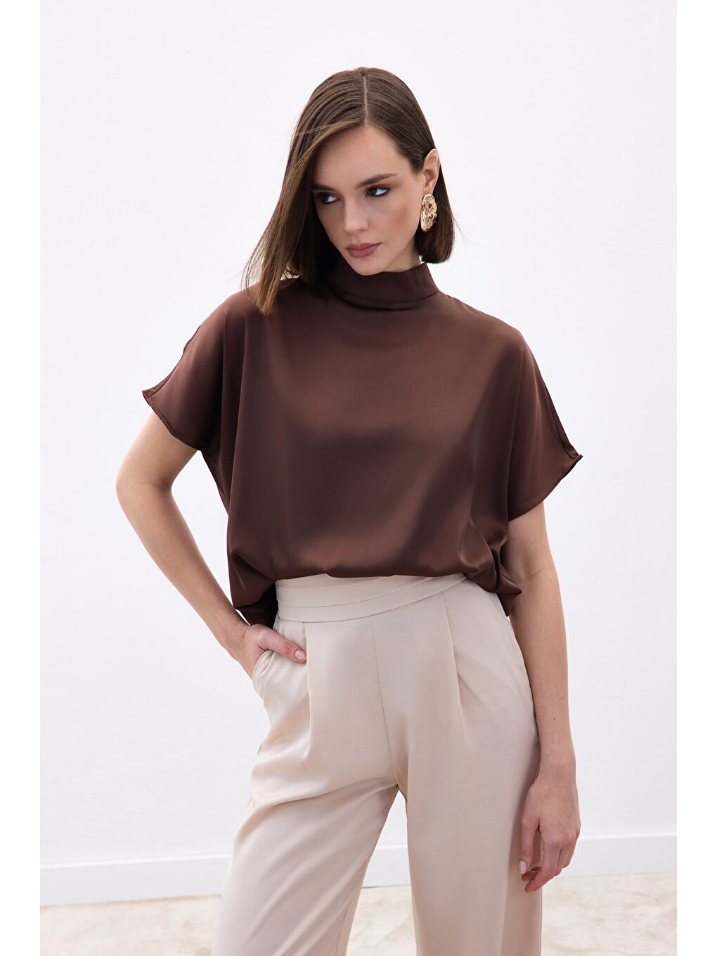 Kahverengi Yarasa Kol Salaş Bluz - Kahve-6