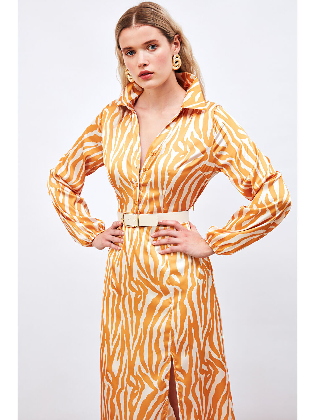 Sarı Yırtmaç Detaylı Gömlek Elbise - Hardal-1