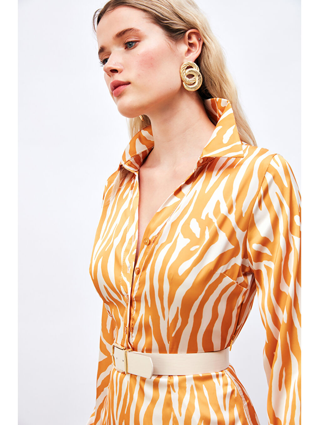 Sarı Yırtmaç Detaylı Gömlek Elbise - Hardal-2