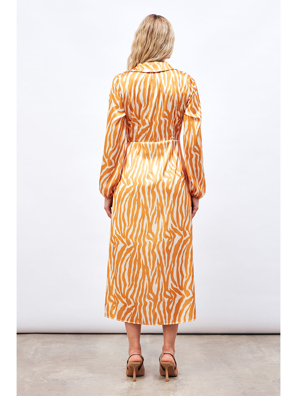 Sarı Yırtmaç Detaylı Gömlek Elbise - Hardal-3