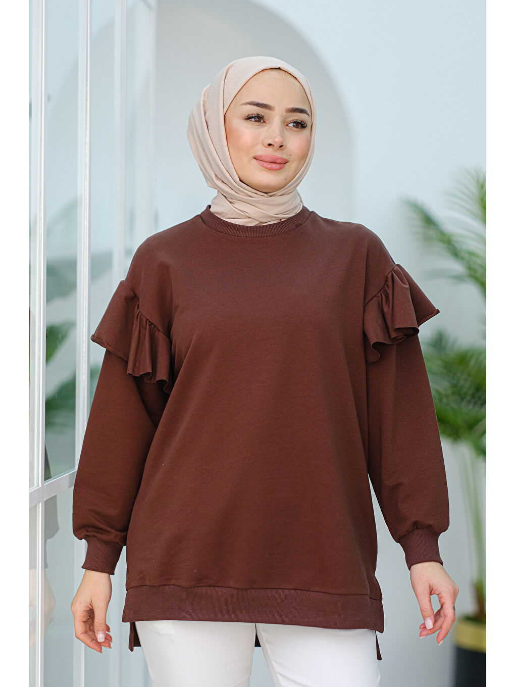 Locco Moda Kolu Fırfırlı Tunik  Kahverengi - 2