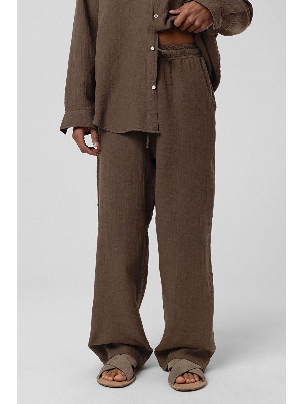 Kahverengi Baggy Fit Müslin Keten Pantolon Kahve