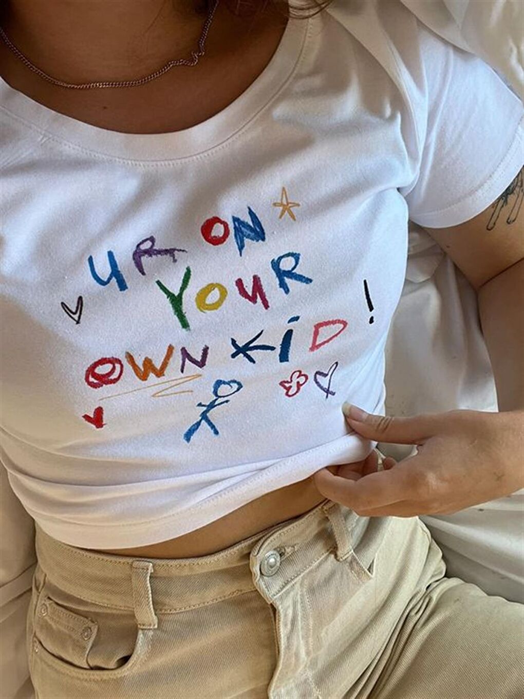 Touz Moda Beyaz Your Own Kid Baskılı Beyaz Crop