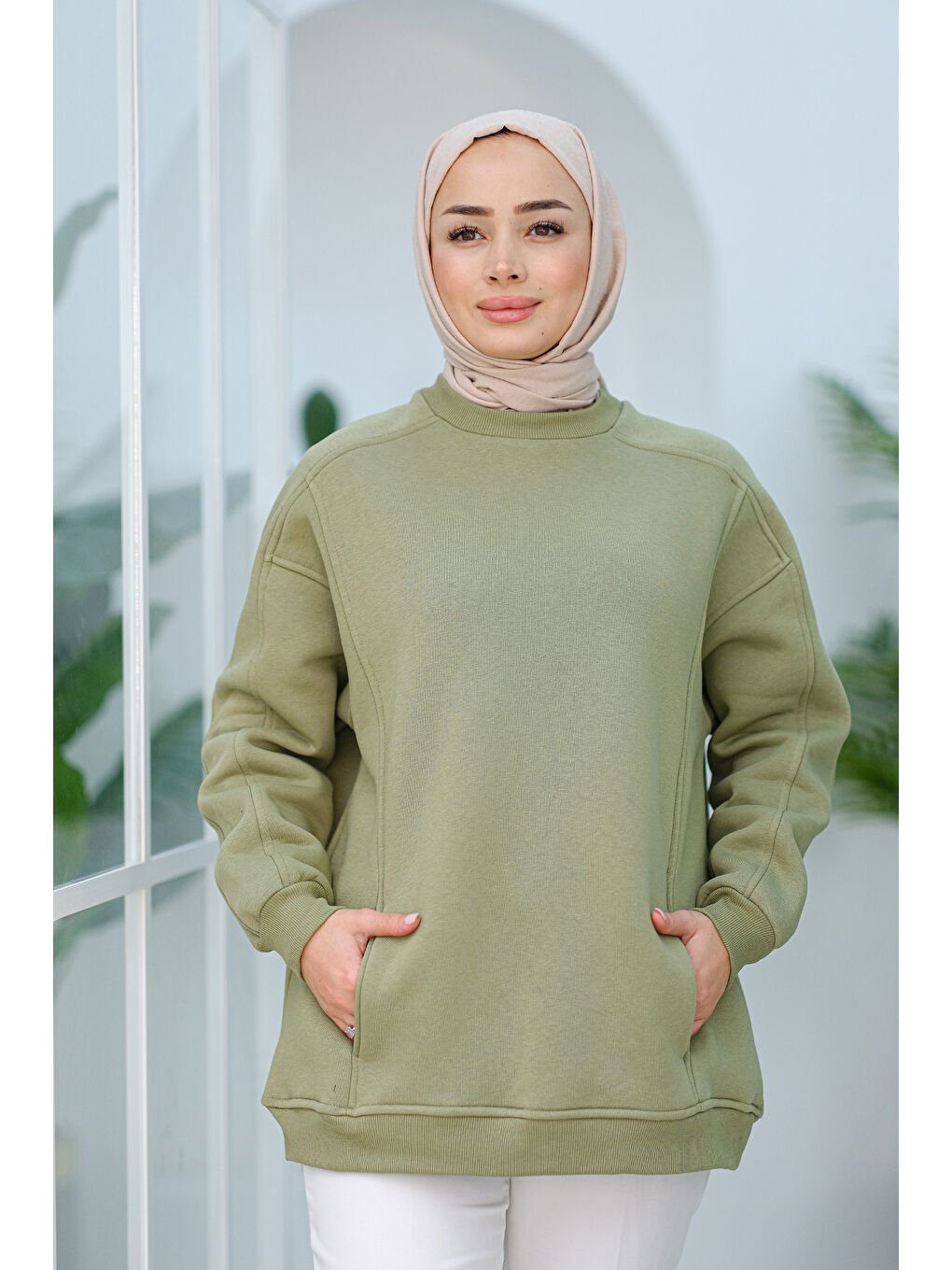 Locco Moda Cep Detay Oversize Tunik Fıstık Yeşil