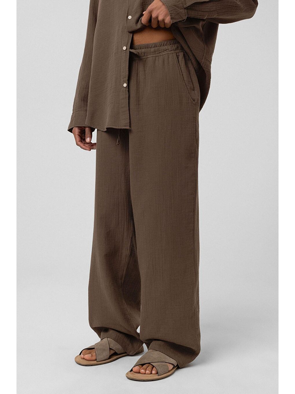 Kahverengi Baggy Fit Müslin Keten Pantolon Kahve-2