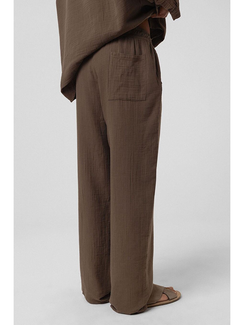 Kahverengi Baggy Fit Müslin Keten Pantolon Kahve-3