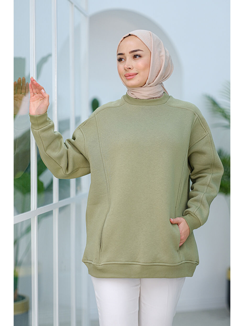 Locco Moda Cep Detay Oversize Tunik Fıstık Yeşil - 1