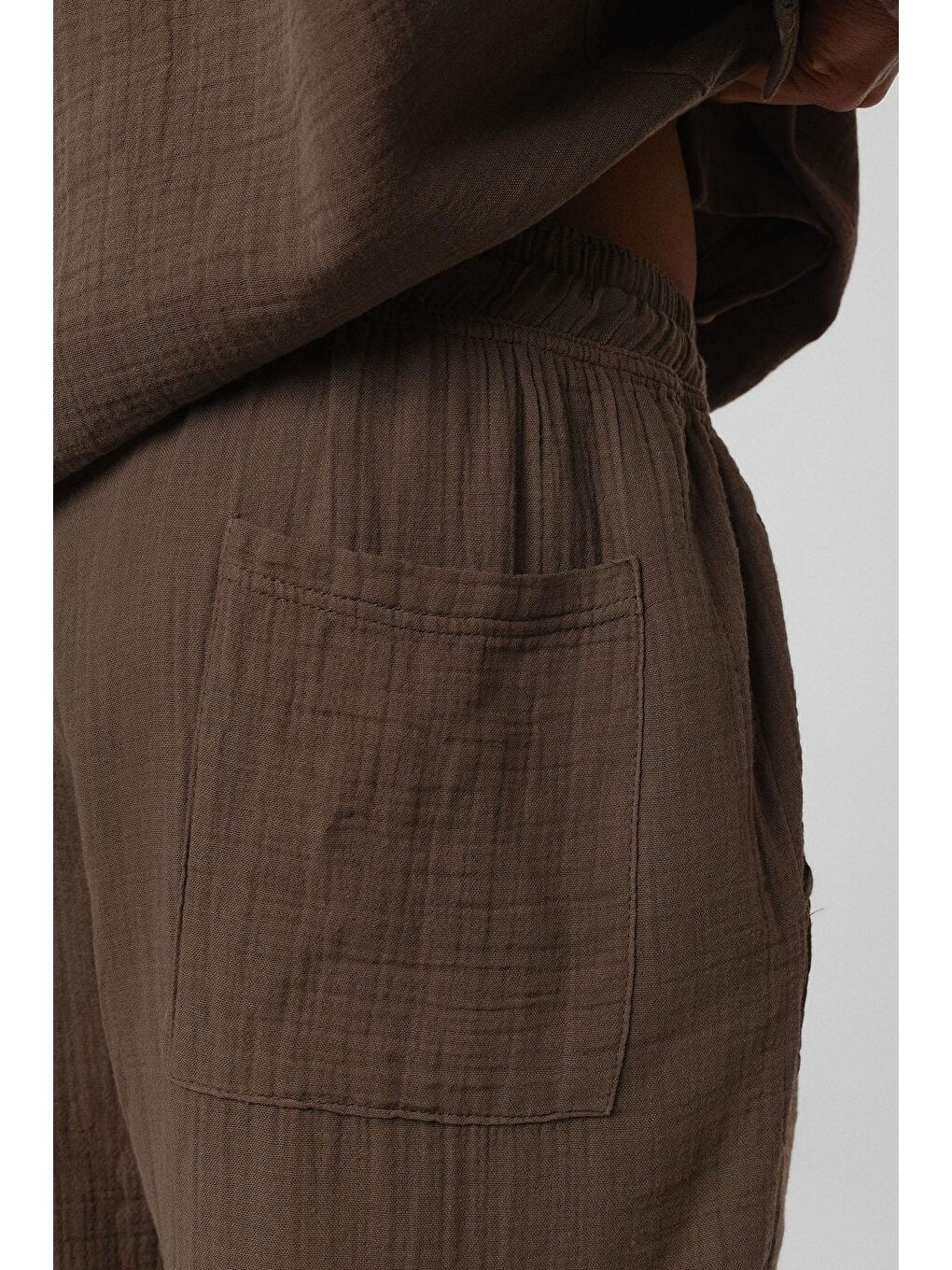 Kahverengi Baggy Fit Müslin Keten Pantolon Kahve-4