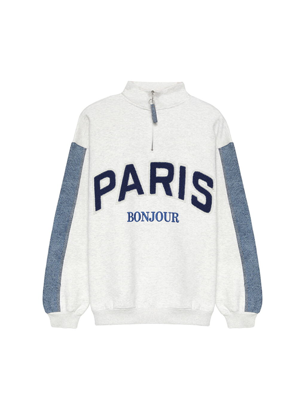 QUZU Gri Paris Yazı Baskılı Fermuarlı Sweatshirt Gri