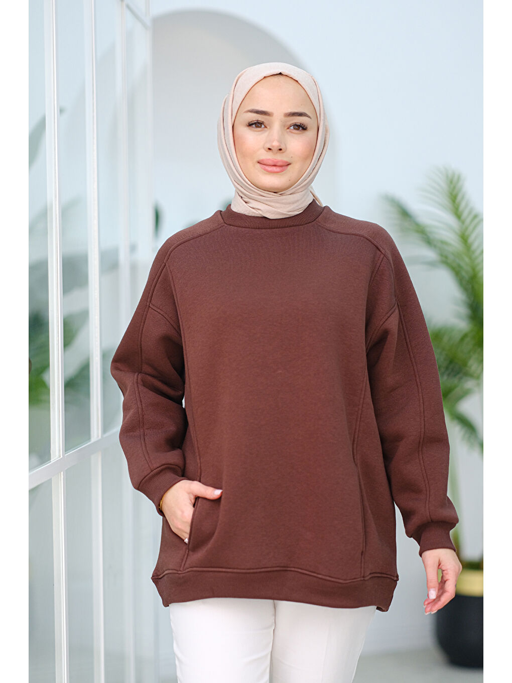 Locco Moda Cep Detay Oversize Tunik Kahverengi