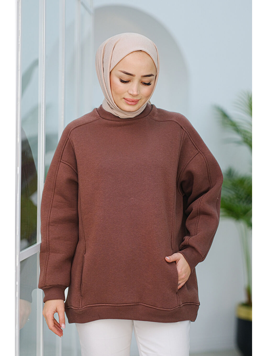 Locco Moda Cep Detay Oversize Tunik Kahverengi - 2