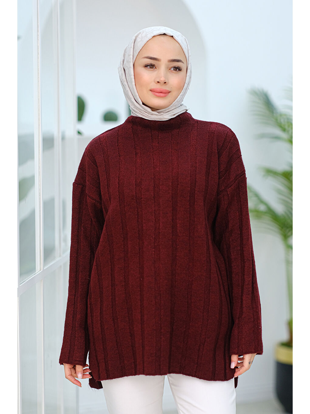 Locco Moda Kendinden Desenli Boğazlı Kazak Bordo