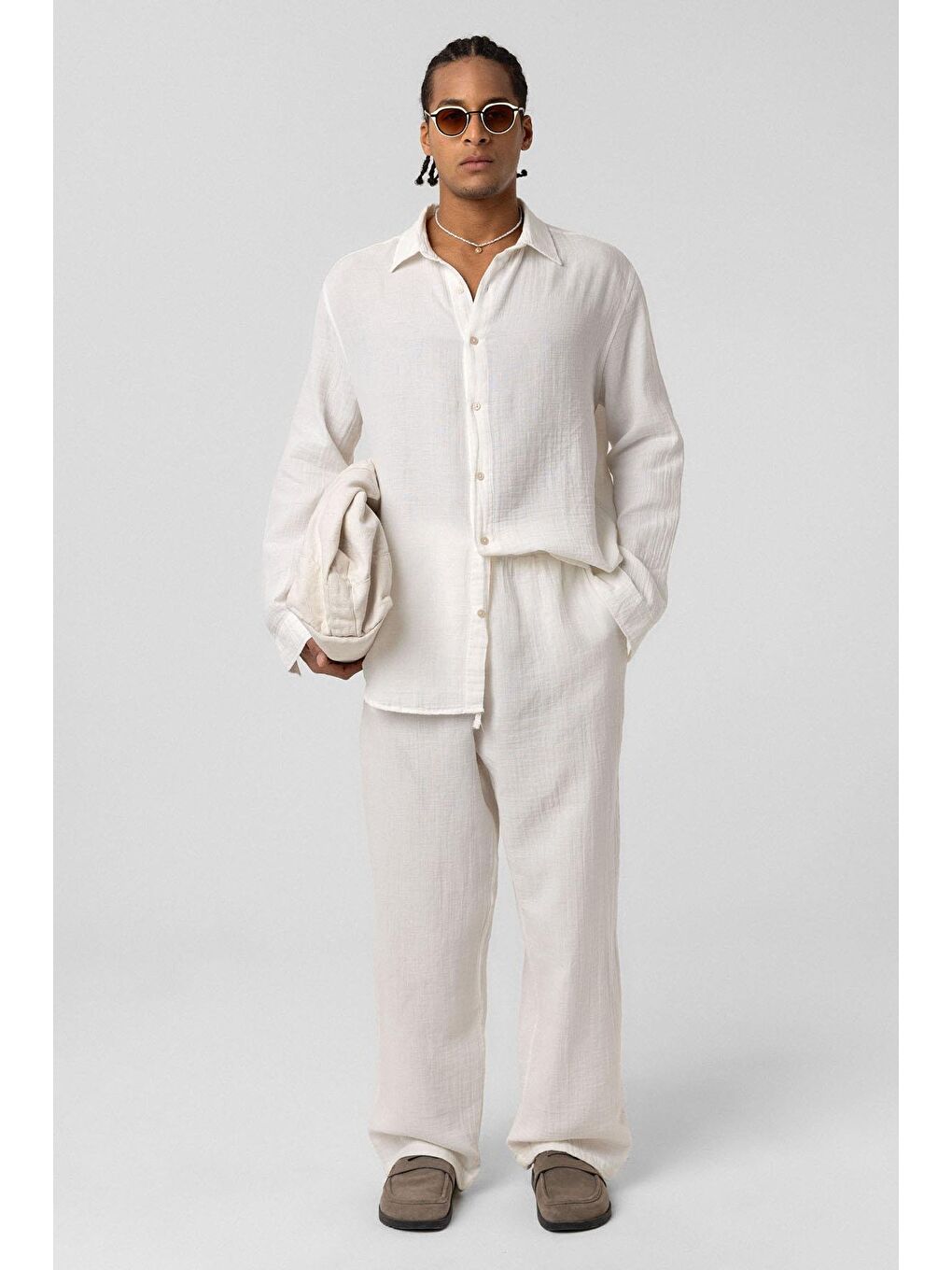 Baggy Fit Müslin Keten Pantolon Ekru