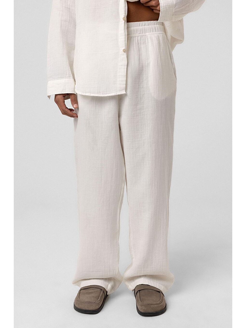 Baggy Fit Müslin Keten Pantolon Ekru-2