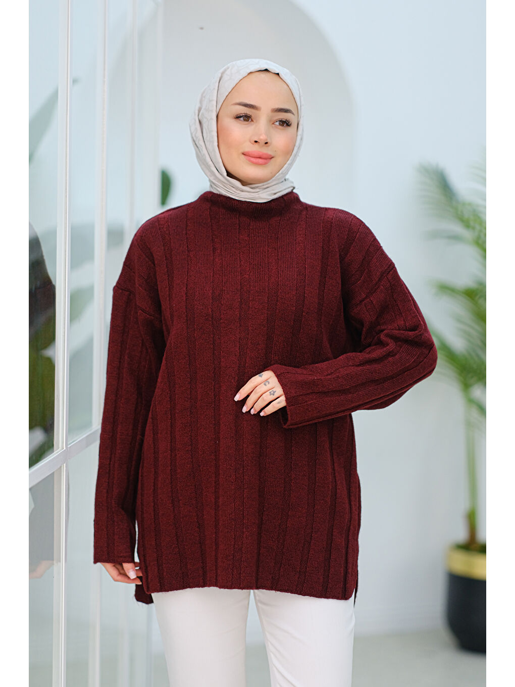 Locco Moda Kendinden Desenli Boğazlı Kazak Bordo - 3