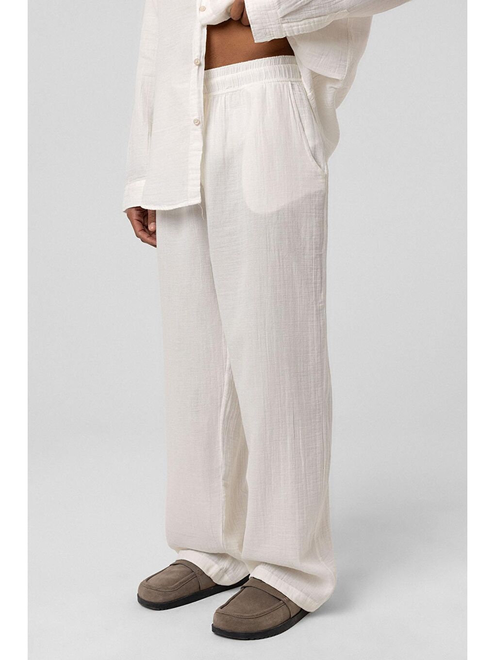 Baggy Fit Müslin Keten Pantolon Ekru-3