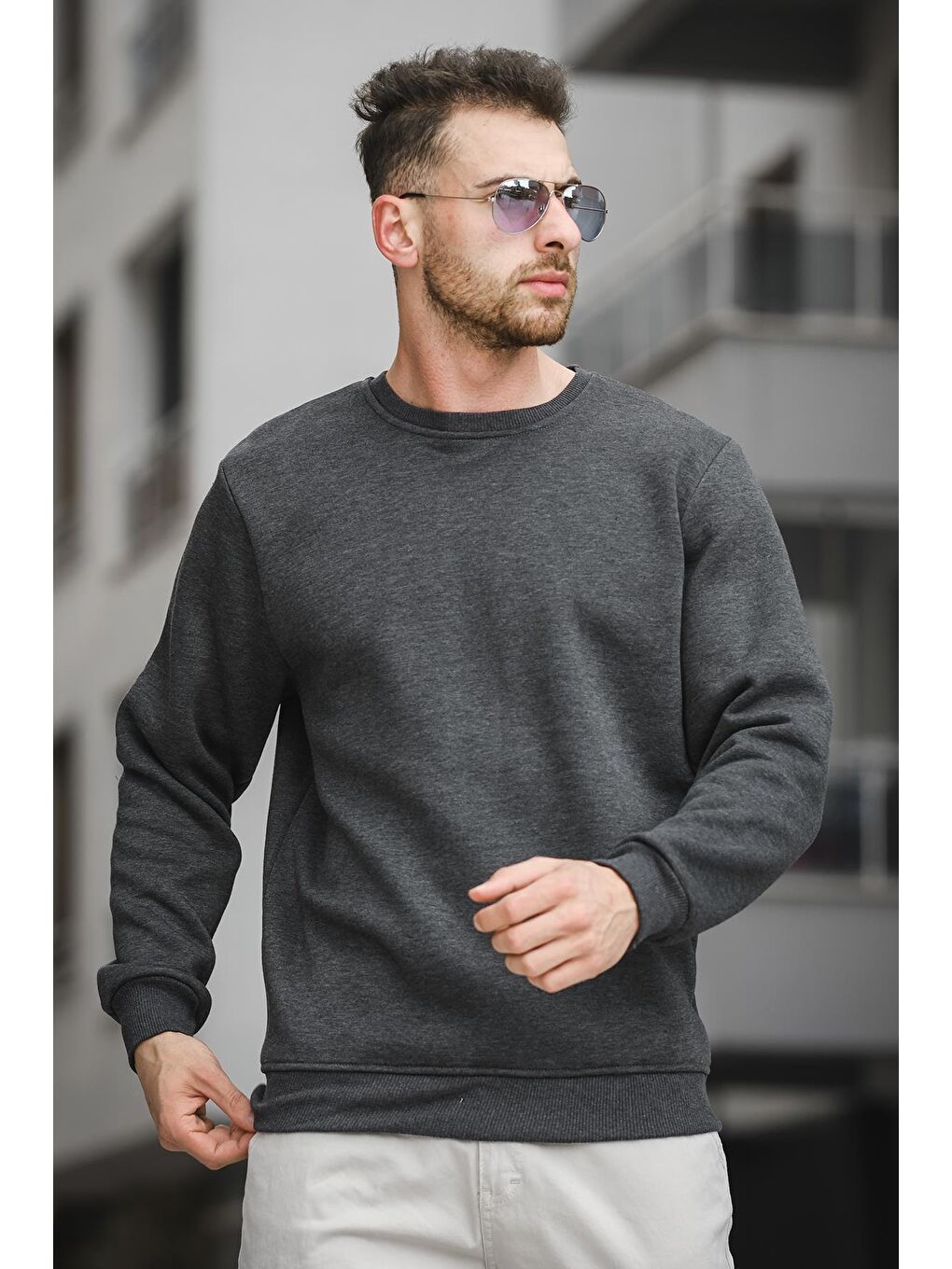 Oksit Füme Üç İplik Şardonlu Pamuklu Bisiklet Yaka Sweatshirt - 1