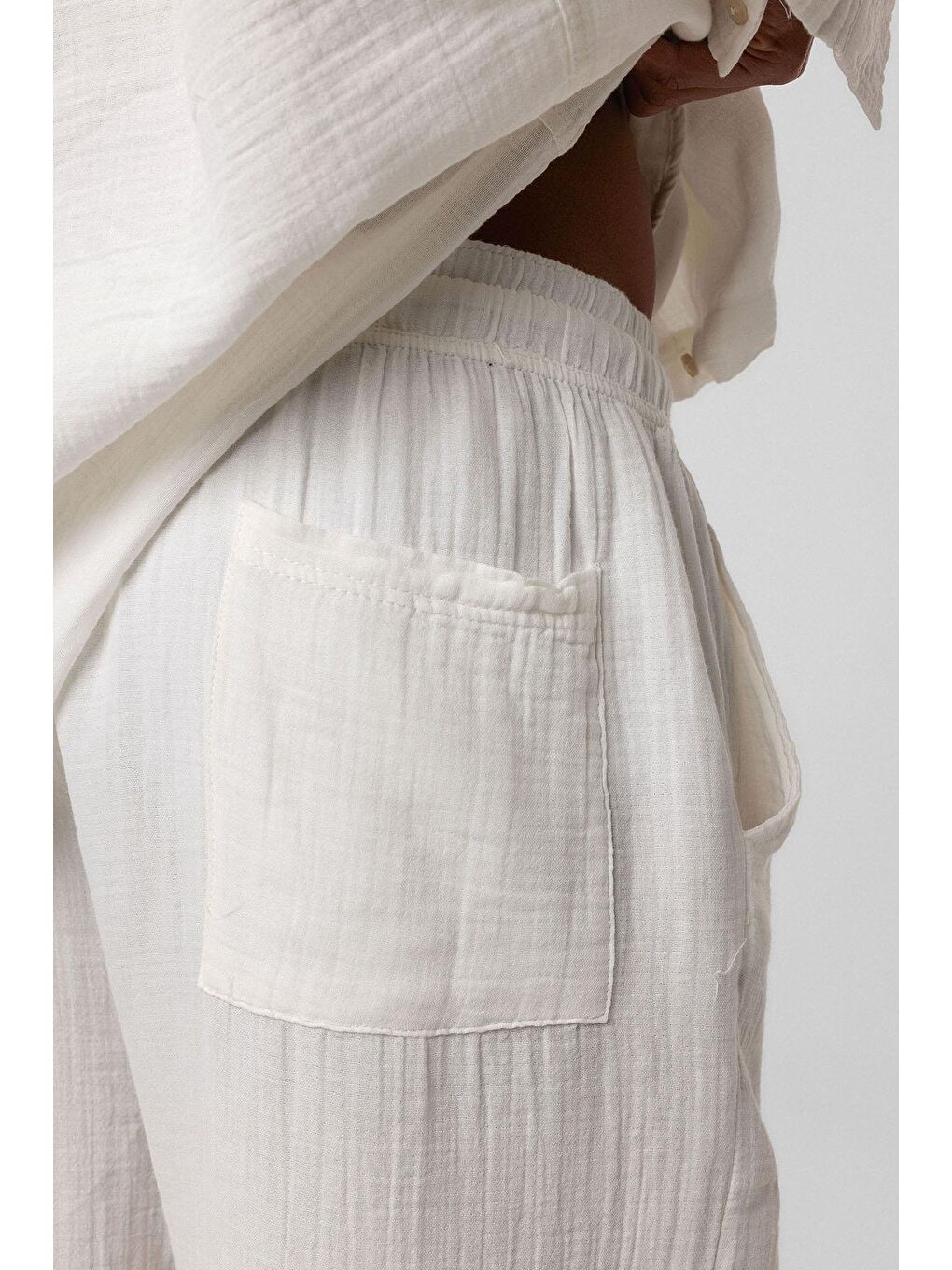 Baggy Fit Müslin Keten Pantolon Ekru-5