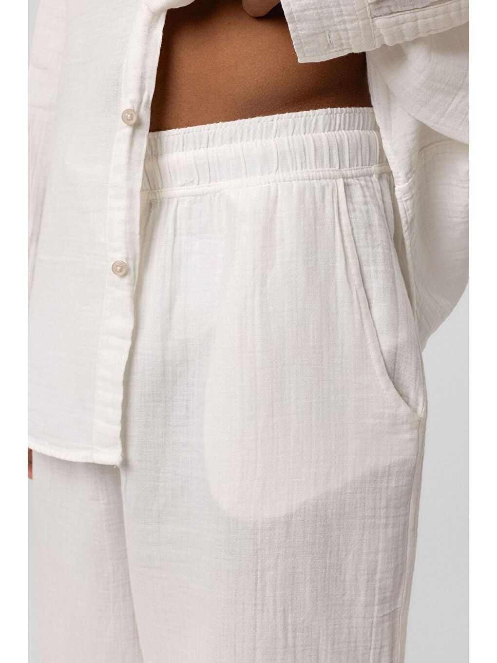 Baggy Fit Müslin Keten Pantolon Ekru-6