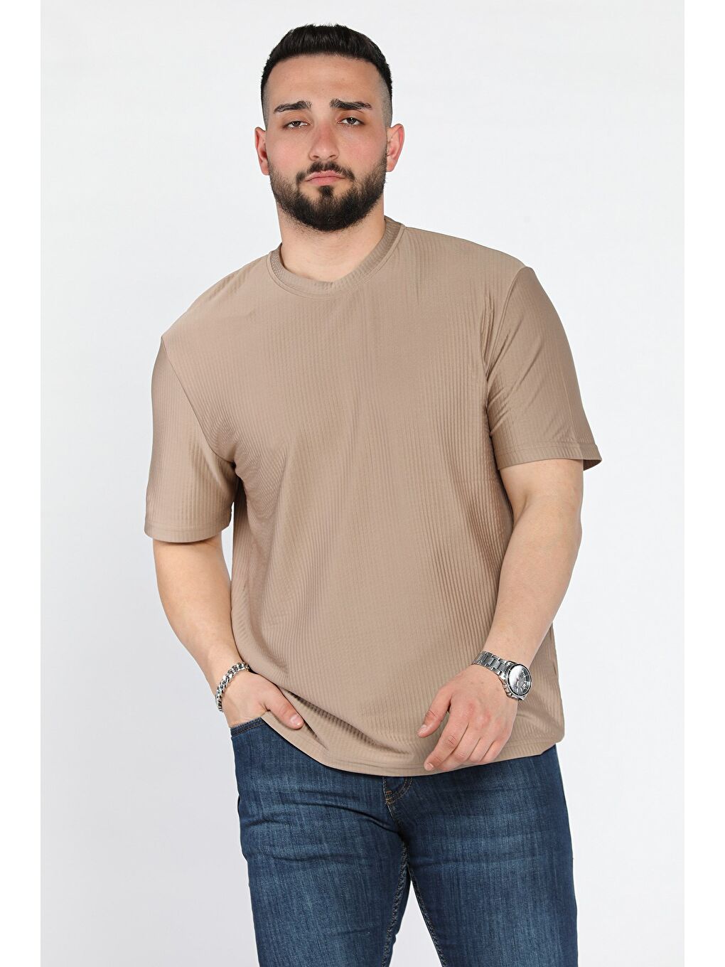 Bej Kendinden Desenli Bisiklet Yaka Erkek Tişört