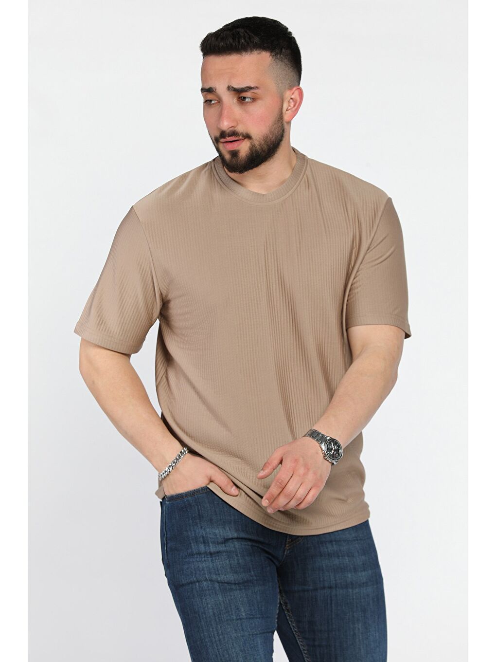 Bej Kendinden Desenli Bisiklet Yaka Erkek Tişört-1