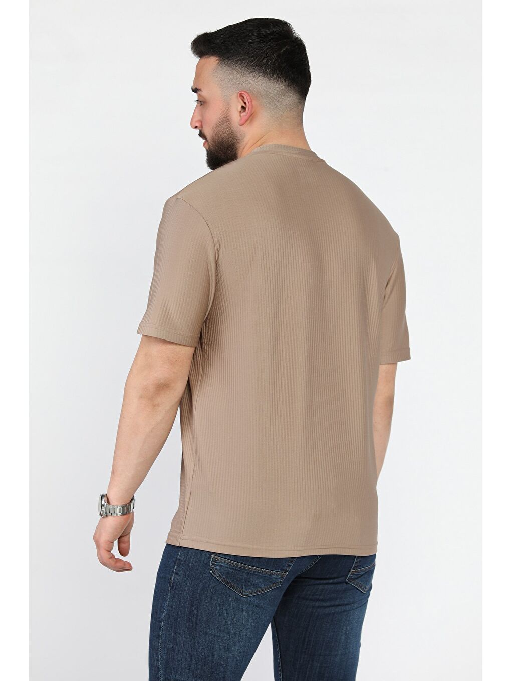 Bej Kendinden Desenli Bisiklet Yaka Erkek Tişört-2