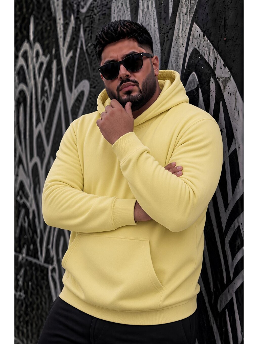 Sarı Bery Büyük Beden Erkek Kapüşonlu Basic Sweatshirt İki İplik Şardonlu Kanguru Cepli