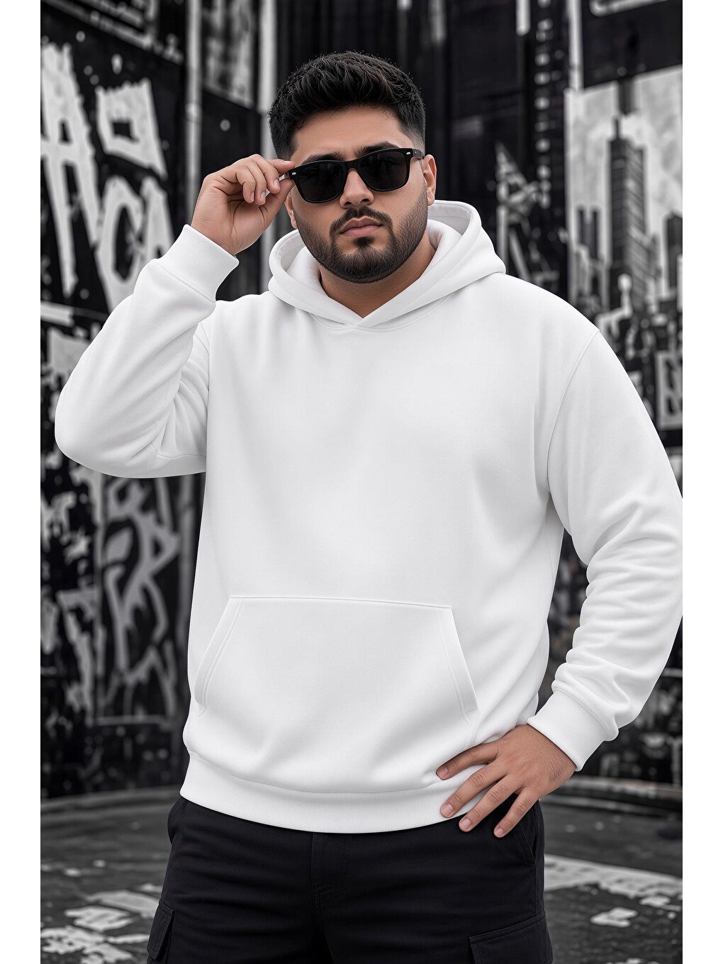 Beyaz Bery Büyük Beden Erkek Kapüşonlu Basic Sweatshirt İki İplik Şardonlu Kanguru Cepli