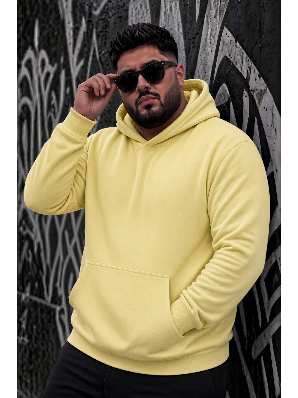 Sarı Bery Büyük Beden Erkek Kapüşonlu Basic Sweatshirt İki İplik Şardonlu Kanguru Cepli-1