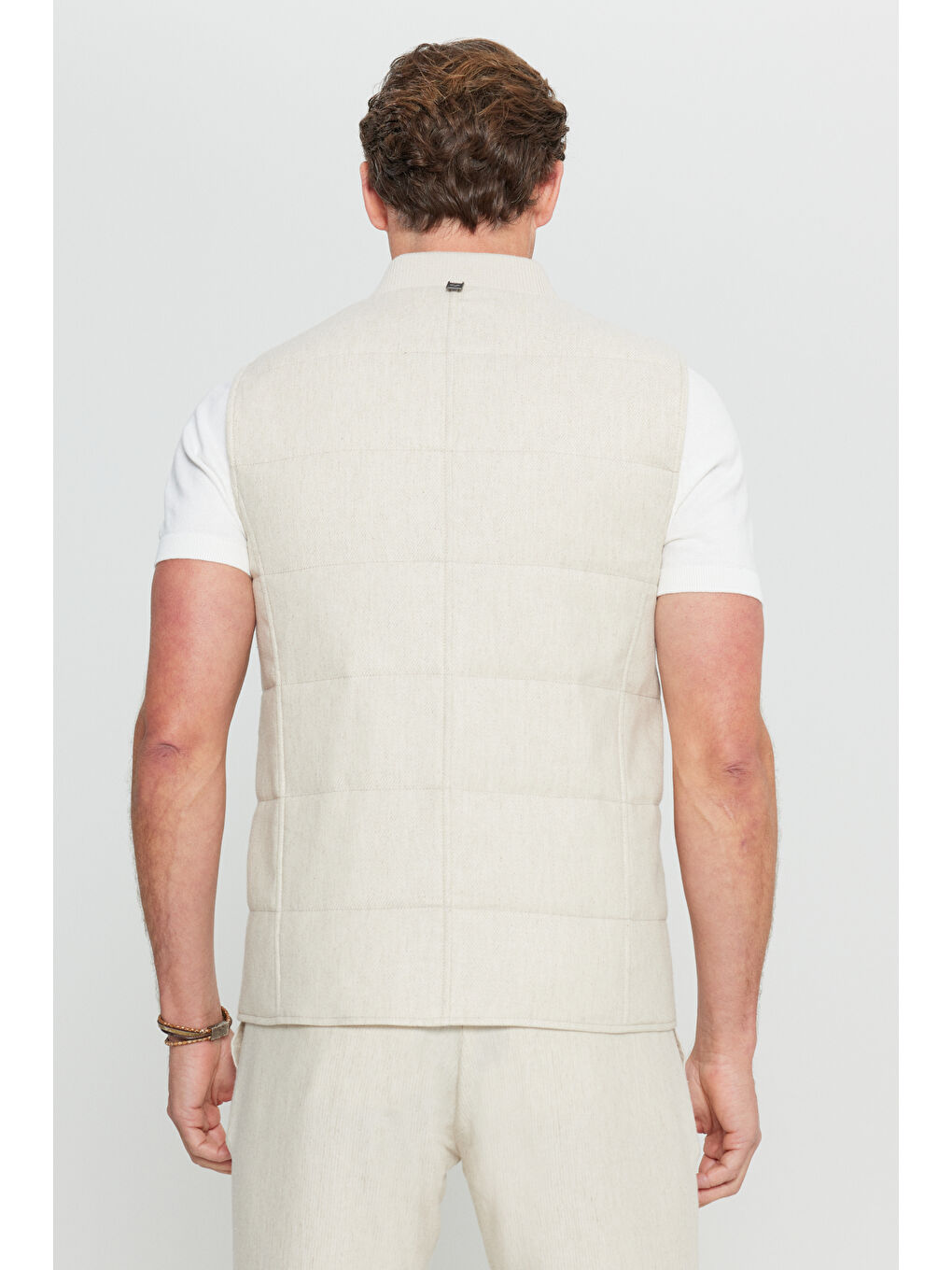 Erkek Bej Keten Standart Fit Normal Kesim Dik Yaka Yan Cepli İnce Dolgulu Casual Yelek-5