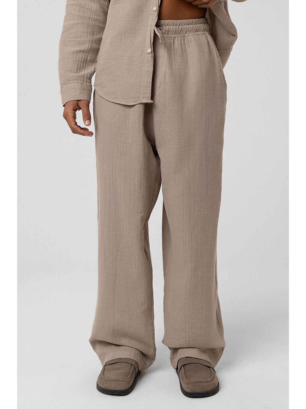 Bej Baggy Fit Müslin Keten Pantolon Vizon-1