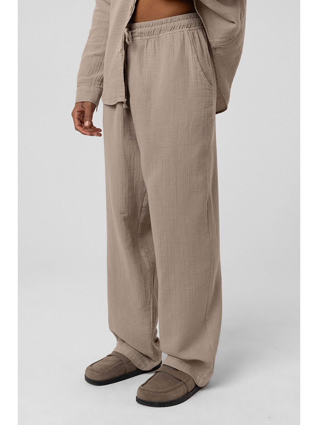 Bej Baggy Fit Müslin Keten Pantolon Vizon-2