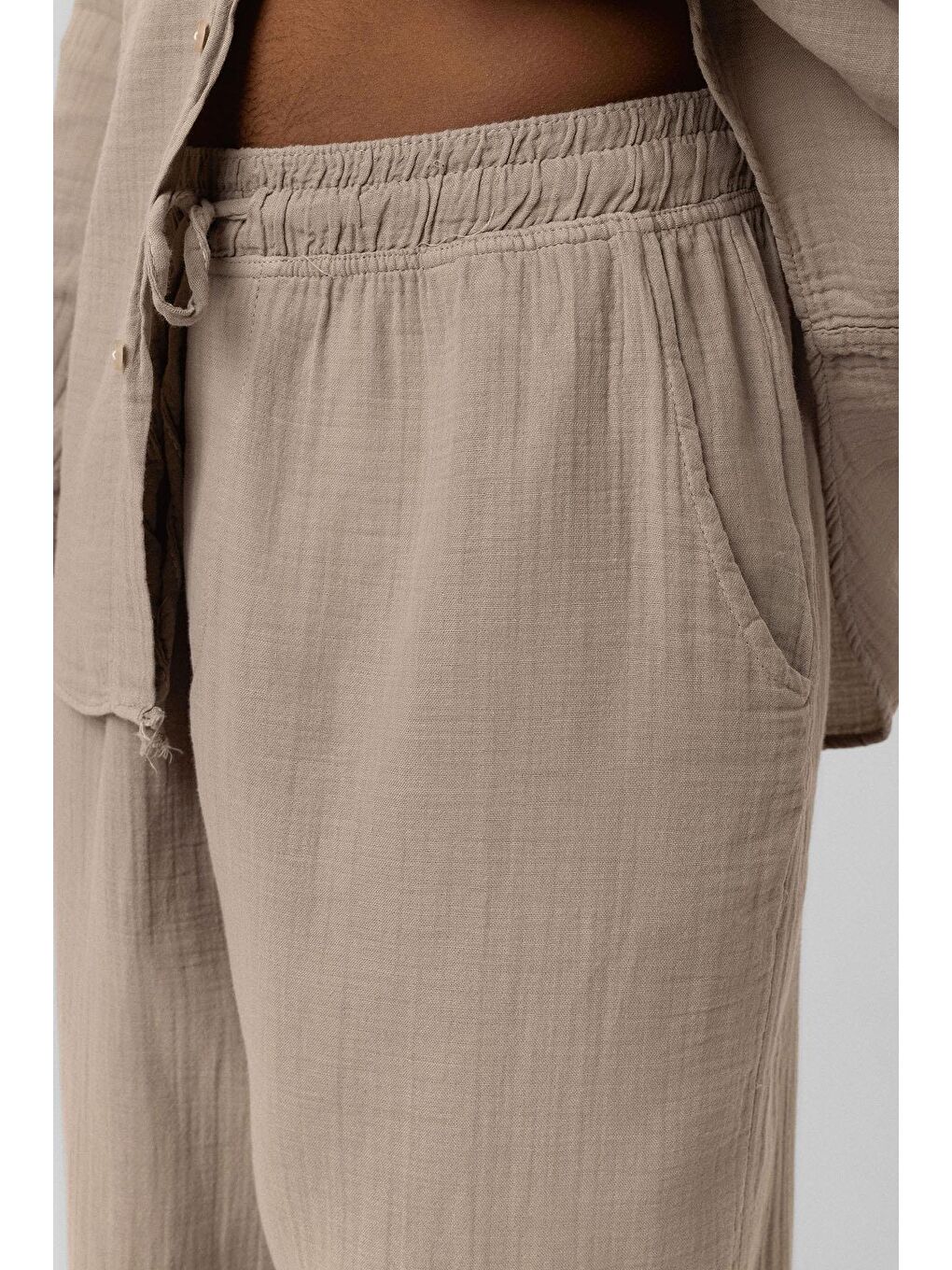 Bej Baggy Fit Müslin Keten Pantolon Vizon-4