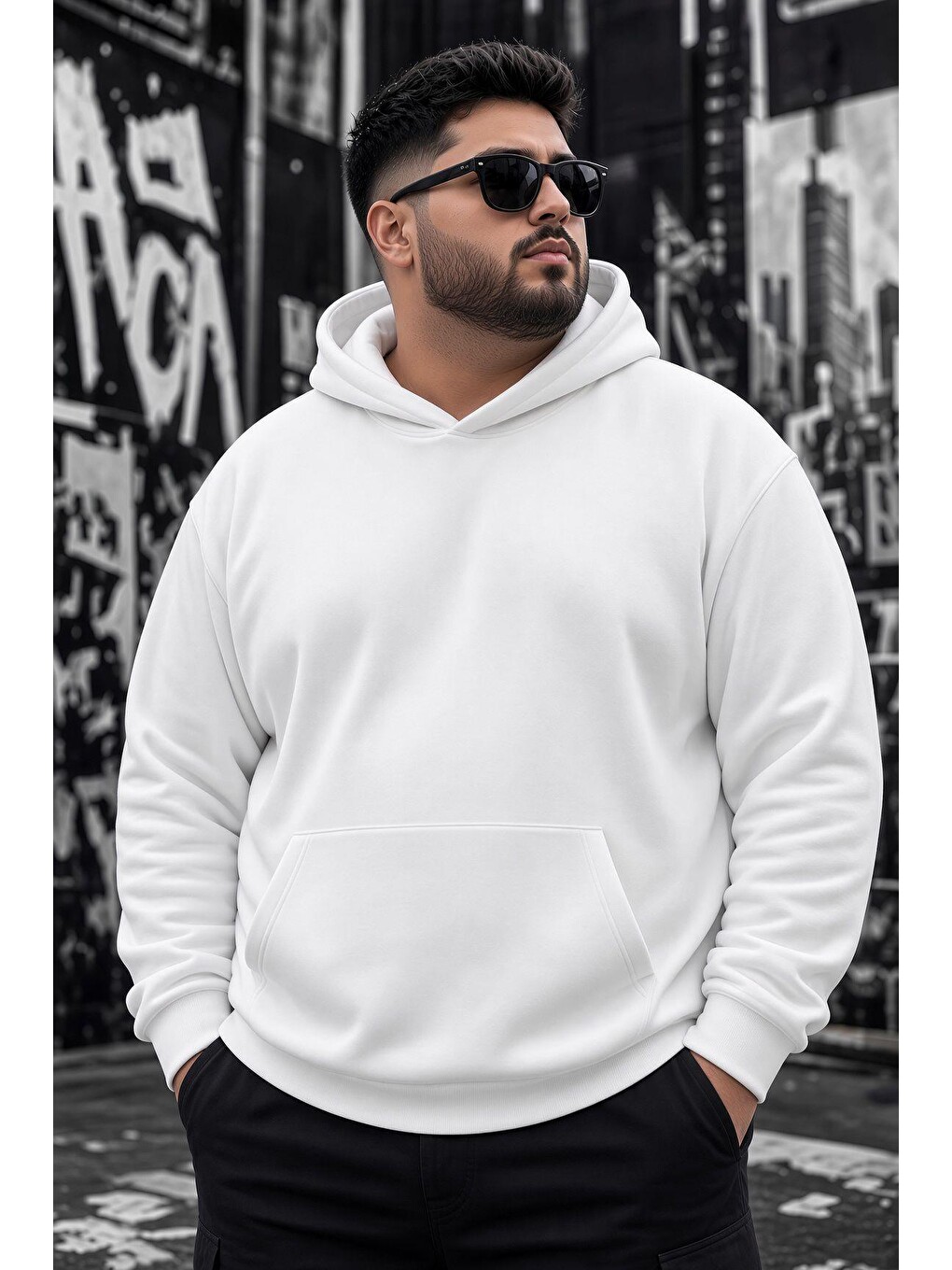 Beyaz Bery Büyük Beden Erkek Kapüşonlu Basic Sweatshirt İki İplik Şardonlu Kanguru Cepli-1