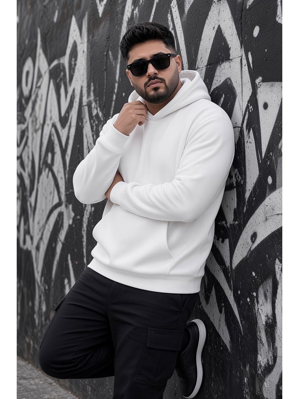 Beyaz Bery Büyük Beden Erkek Kapüşonlu Basic Sweatshirt İki İplik Şardonlu Kanguru Cepli-2