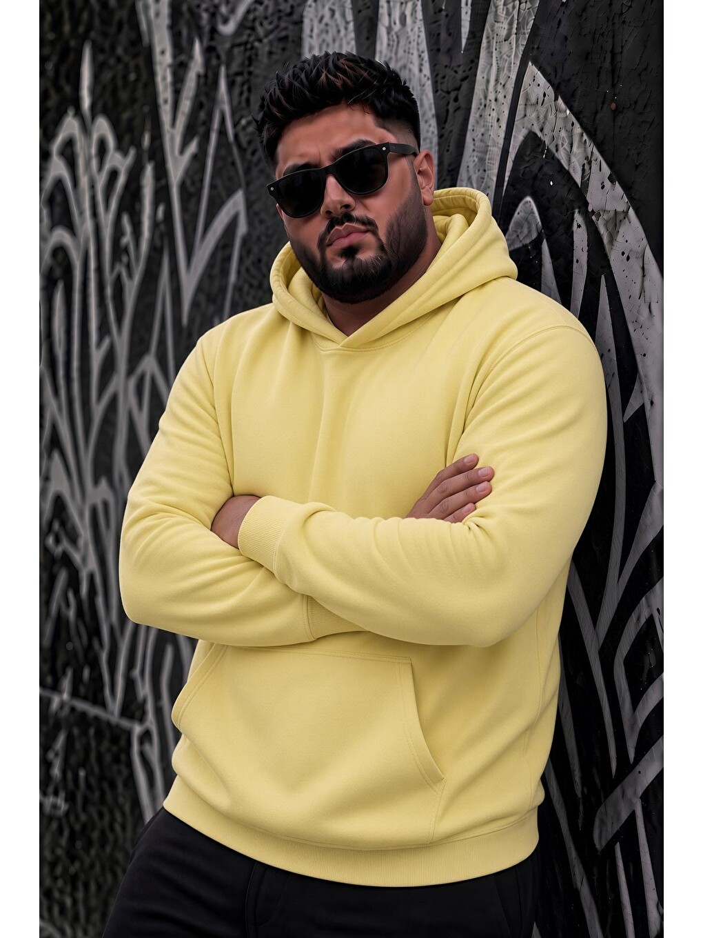 Sarı Bery Büyük Beden Erkek Kapüşonlu Basic Sweatshirt İki İplik Şardonlu Kanguru Cepli-2
