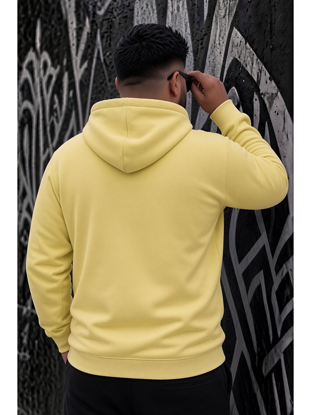 Sarı Bery Büyük Beden Erkek Kapüşonlu Basic Sweatshirt İki İplik Şardonlu Kanguru Cepli-3